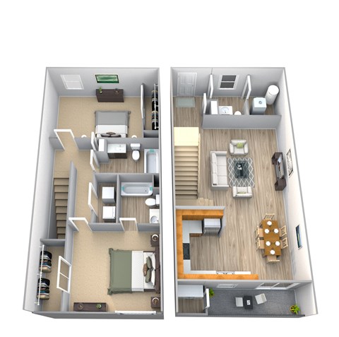 A top-down view of a two-bedroom apartment with a living room, kitchen, and dining area.